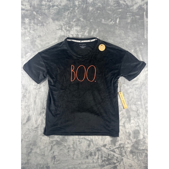 Rae Dunn Tops - Rae Dunn Womens Boo Halloween Velour Short Sleeve Top Black‎ Orange Medium NWT